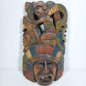 Vintage Mexican Aztec / Mayan Wood Hand Carved & Painted Mask Decor